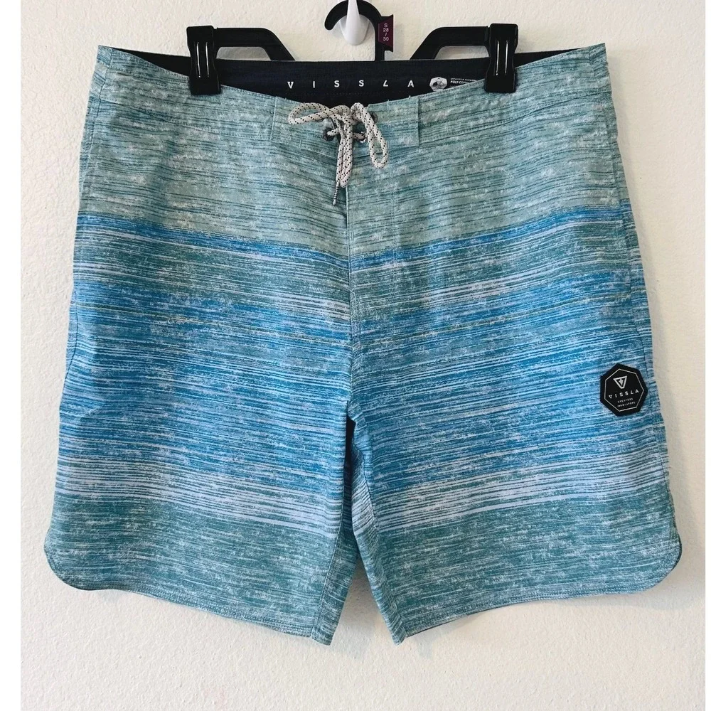 Vissla Beach Surfer Blue Green Striped Upcycled Coconut Board Shorts Size 36